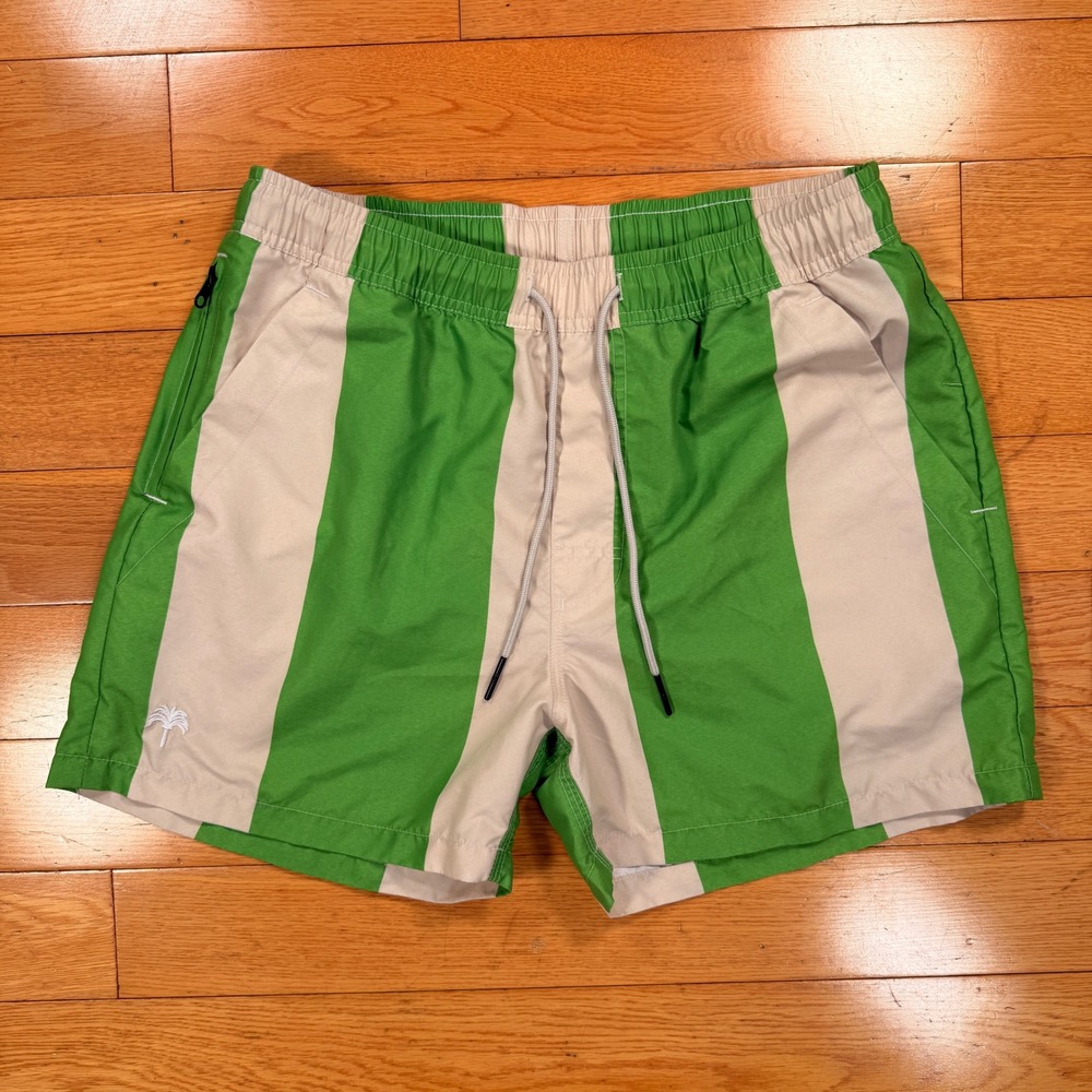 OAS Mens Green Beige Striped Swim Trunks Fast Drying Mesh Lined Shorts Medium